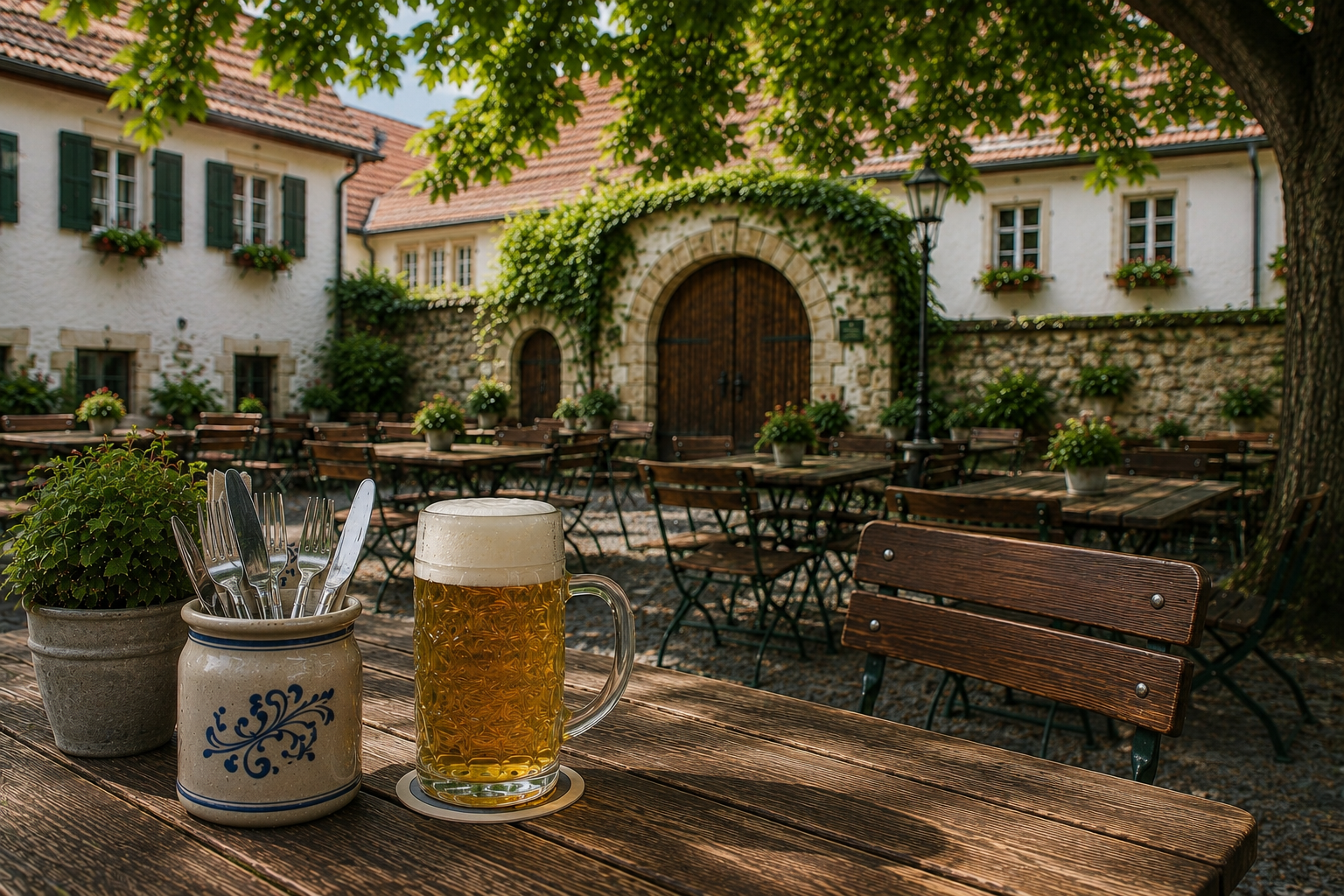 Traditioneller fränkischer Biergarten mit Bierkrug und historischem Gasthaus am Obermain