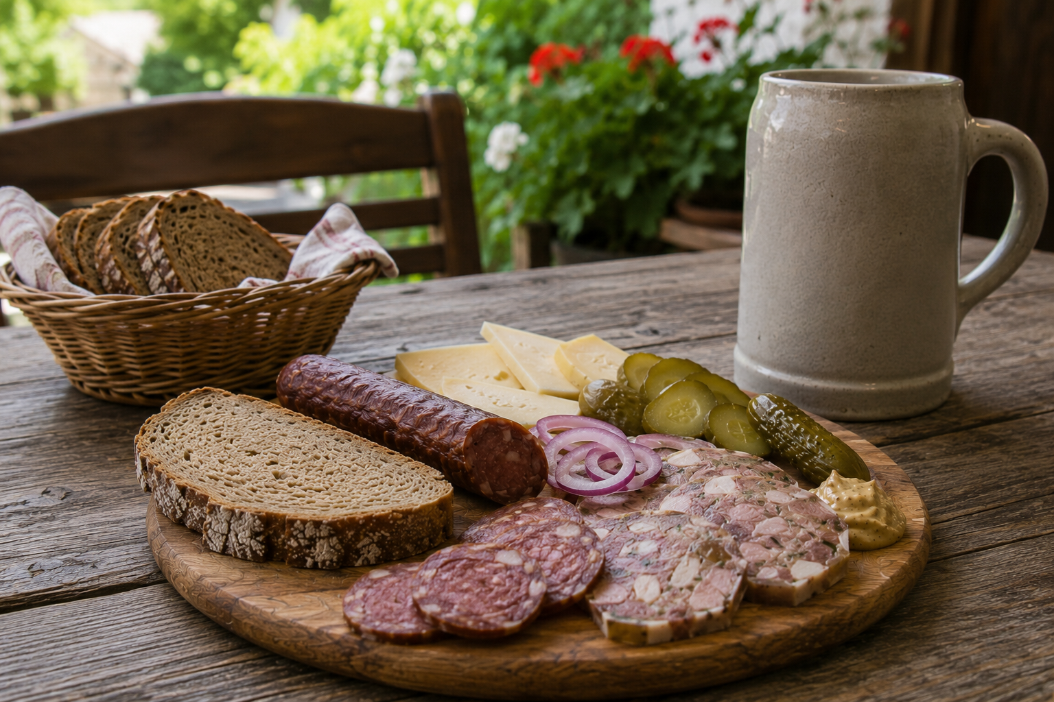 Traditionelle fränkische Brotzeit mit Bauernbrot, Pfefferbeißer, Pressack, Käse und Steinkrug