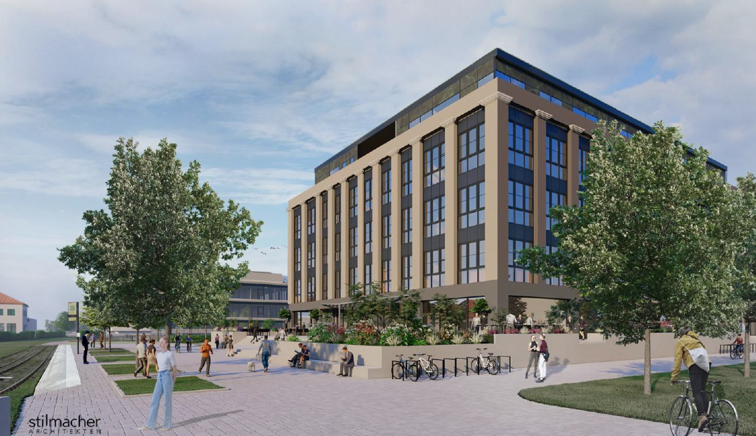 Visualisierung des geplanten Boardinghouse-Projekts in Dresden mit modernisiertem Bestandsgebäude und urbanem Quartiersumfeld.
