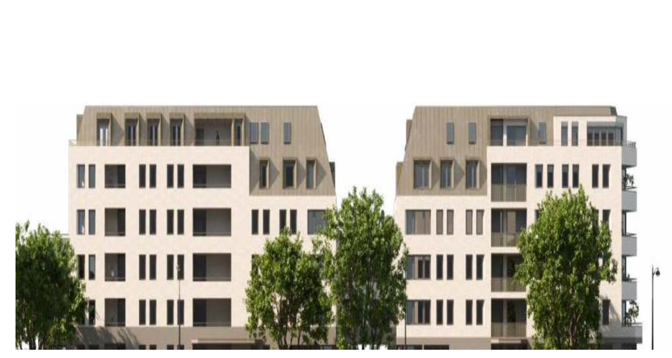 Visualisierung der zwei geplanten Neubauten für Serviced Apartments in Dresden mit moderner Architektur und begrüntem Umfeld.